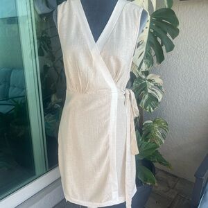 Neutral Linen-Blend Wrap Dress with Side Tie